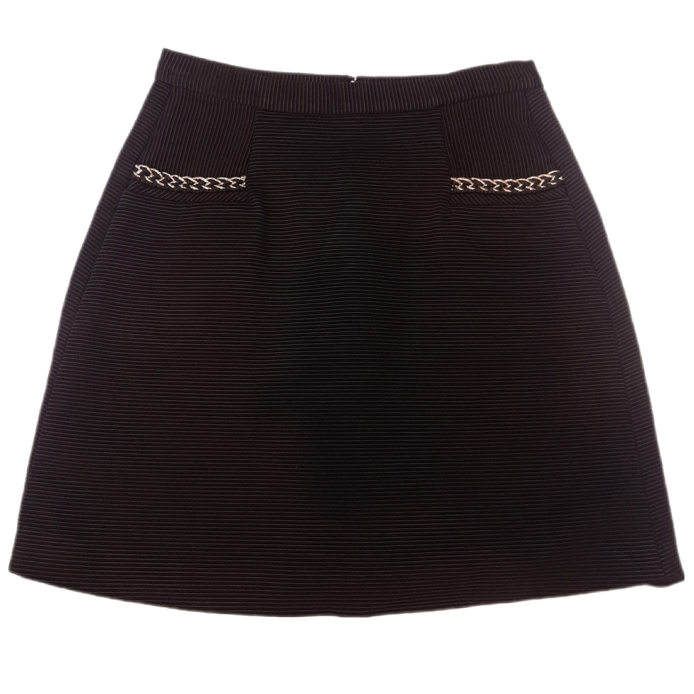 FRENCH CONNECTION Ribbed Mini Skirt Gold Embroidered Chain Pocket Accent